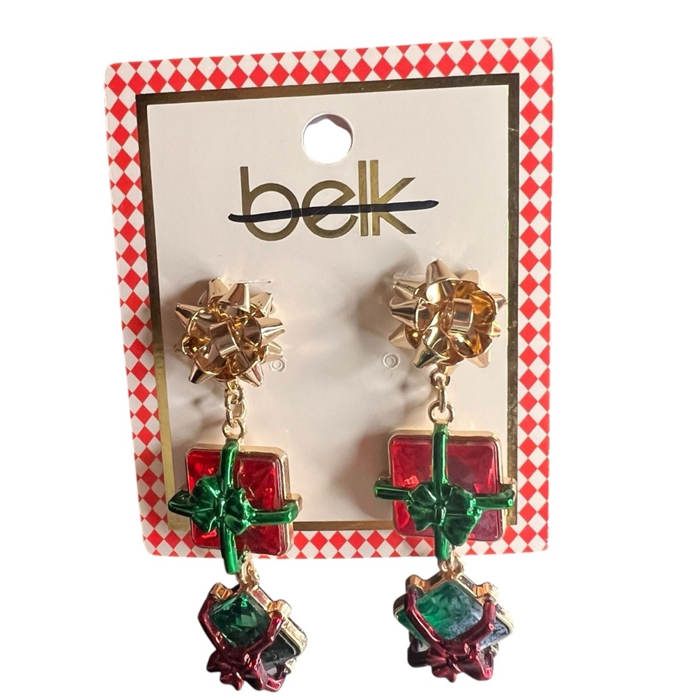 Belk Festive Gold and Red Green Bow Present Holiday Earrings